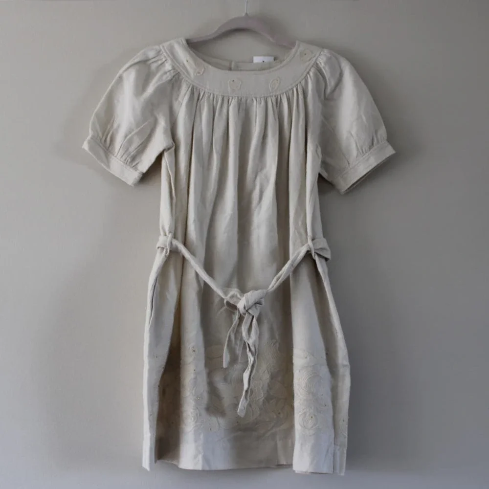 NWT Bonpoint Girls Habillee Dress Wool Cotton Belted Short Sleeve Embroidered 12